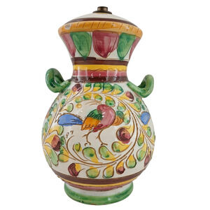 VTG Italian Majolica Sgraffito Hand-Painted Floral Pottery Vase w/ Lid See desc.